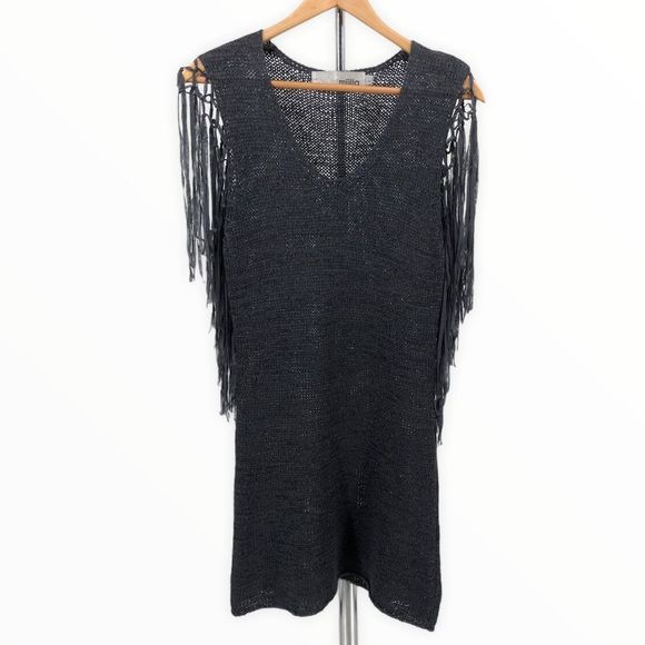 Miilla Grey Knit Fringe Sleeve Cover Up Mini Dress - Picture 1 of 11